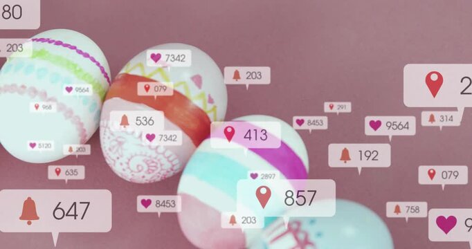Camera panning along decorated eggs and spawning bubbles with icons and counters for marketing