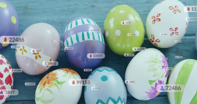 Decorated eggs cluster receiving UI labels after labels appearing, growing counts, annotating data
