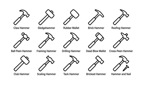 Various hammer types illustrated: claw, sledgehammer, mallet, brick, roofing, ball peen, framing, drilling