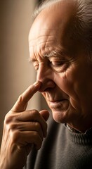 Older gentleman thoughtfully touches his nose with his index finger while looking downward
