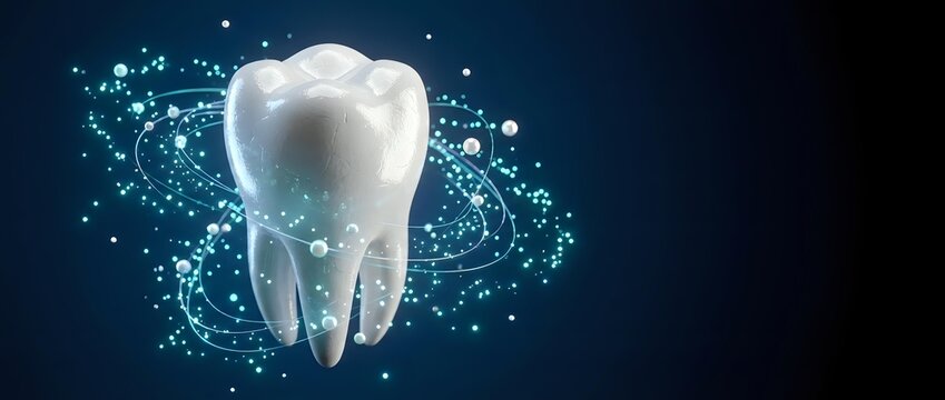 White tooth with glowing particles and light effects on dark blue background for dental care, oral health, and medical presentations.