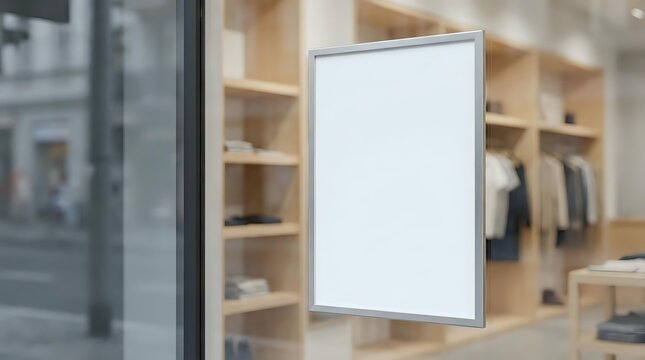 Blank white poster frame mockup in modern retail store window display with wooden shelving and clothing background for advertising design.