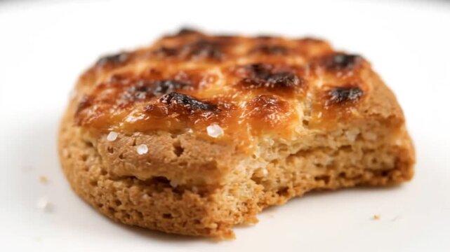 Close-up of toasted bread with salt on a white background, bitten into.