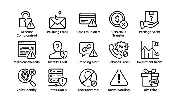 Cybersecurity threats icons: protecting against scams and data breaches