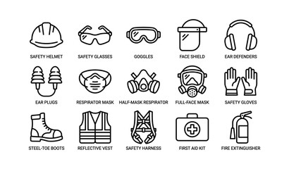 Fototapeta premium Essential safety equipment icons: helmet, goggles, respirator, gloves, vest, kit