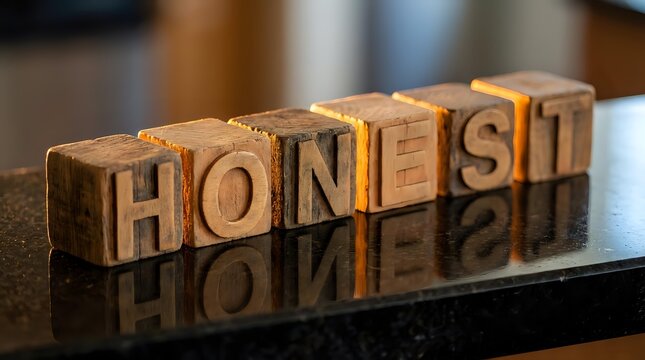 Wooden letter blocks spelling HONEST on reflective surface symbolizing integrity, trust, and ethical business values for corporate communication.