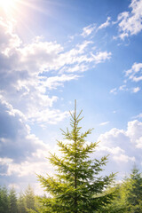 Young spruce tree under bright blue sky with sunlight and clouds