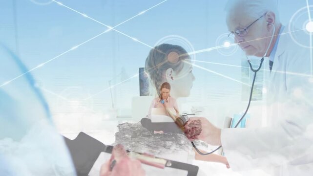 Doctor leaning in placing steth on patient chest clip noting  and  laptop typing medical cloud filli
