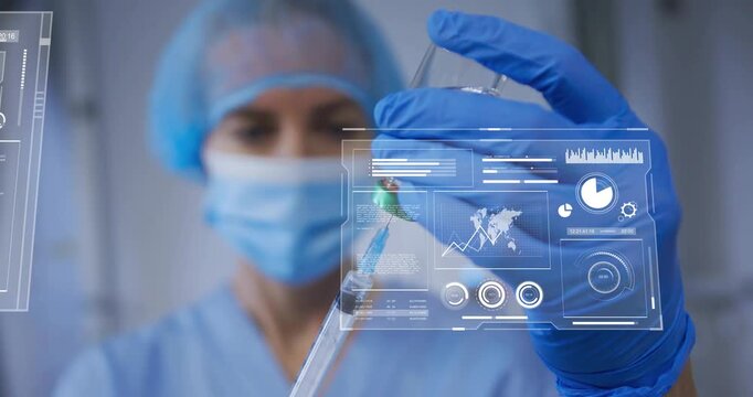 Female clinician inserting needle into vial, drawing dose while AR charts sliding, checking bubbles