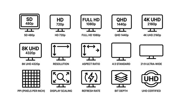 Display resolutions and features: sd, hd, full hd, qhd, 4k, 8k symbols