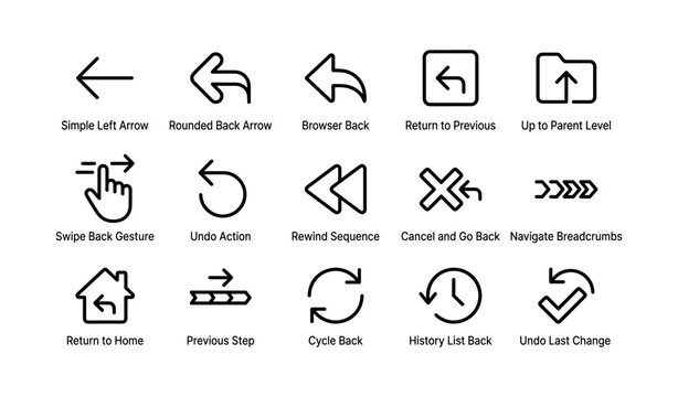 Arrow and navigation icons: simple, rounded, cycle back, undo, rewind, cancel, return, navigate