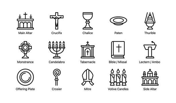 Church symbols: altar, crucifix, chalice, paten, thhurible, and religious icons