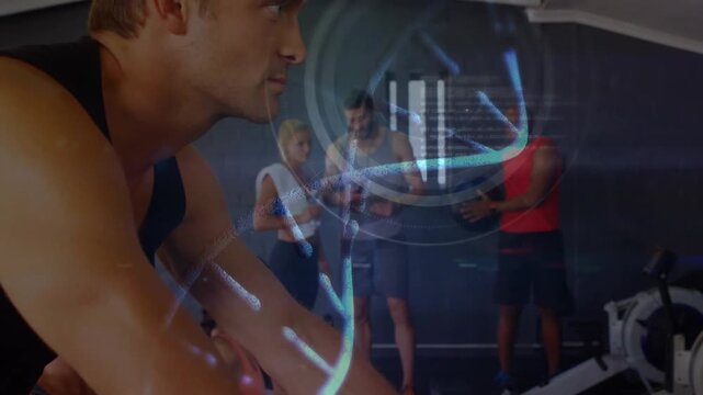 Man pedaling on rower for fitness, blue overlay appearing and revealing gymmates checking tablet