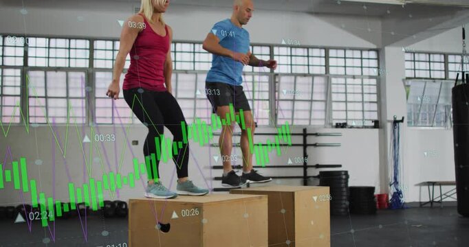 Training duo performing plyo hops and steps in gym, green HUD timers counting down initiating jumps