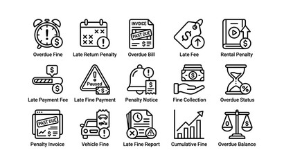 Fototapeta premium Set of icons depicting various financial penalties and overdue notices