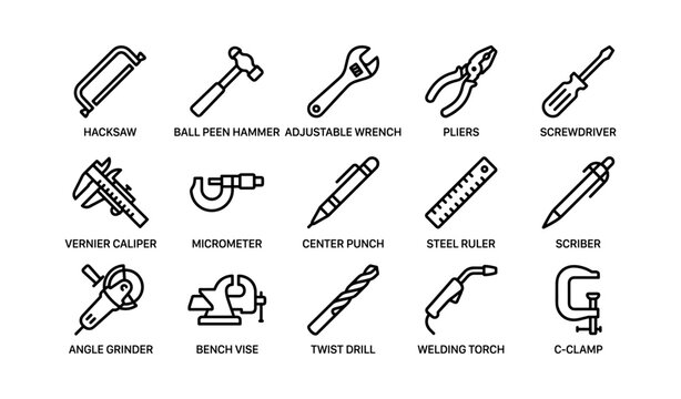 Set of various hand tools icons including hacksaw, hammer, wrench, and pliers
