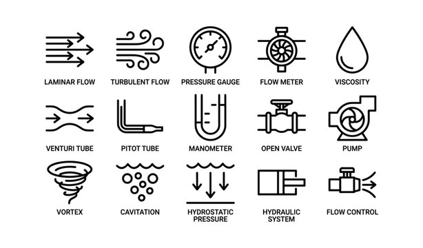 Engineering symbols: fluid dynamics and flow measurement tools