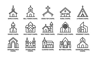 Fototapeta premium Series of chapel icons: modern, traditional, minimalist, gothic, architectural designs