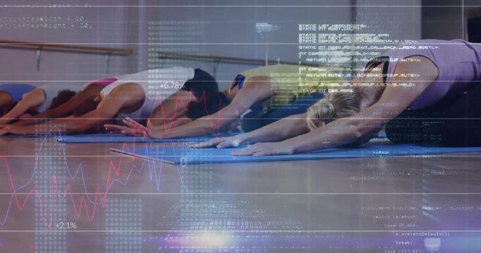 Vertical video: Diverse class settling on blue mats, holding child pose in studio for posture, data