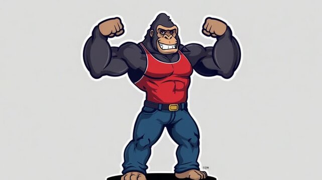 Cartoon Strong Gorilla Bodybuilder Flexing Muscles &ndash; Funny Fitness Character