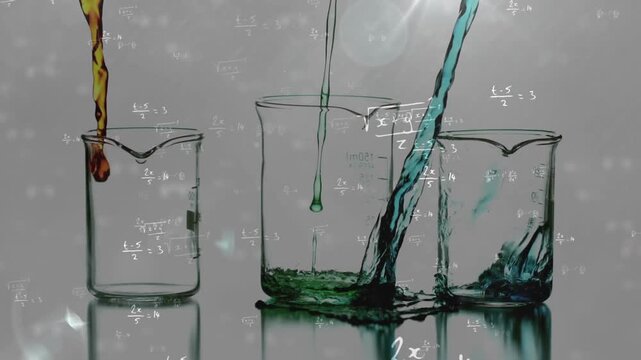 3 beakers getting pipet green drops and amber teal pours splashing math overlaying chemistry demo