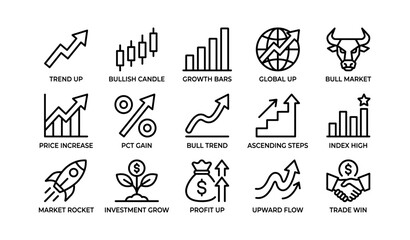 Financial growth icons set: bull market trends, investment growth, global economy