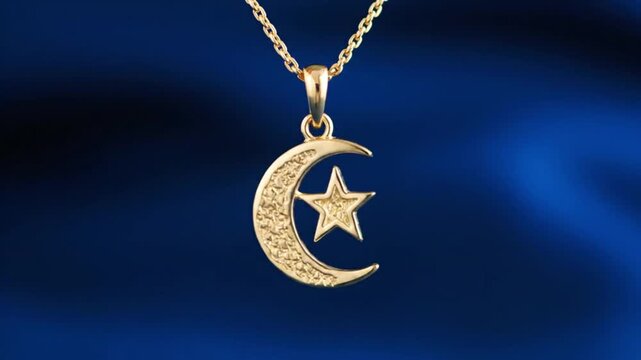 Close-up of gold crescent moon and star pendant on a chain against a dark blue fabric background