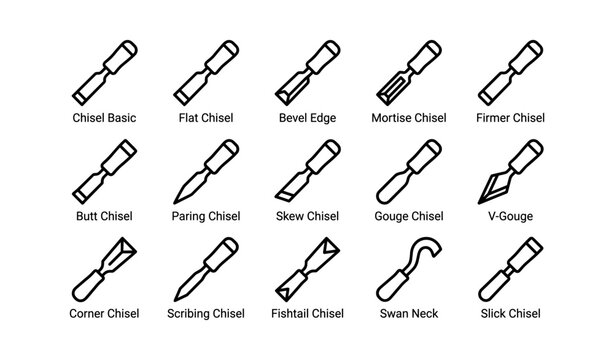 Comprehensive collection of woodworking chisels with various blade types