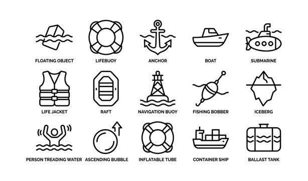Nautical icons collection: lifebuoy, anchor, submarine, boat, iceberg