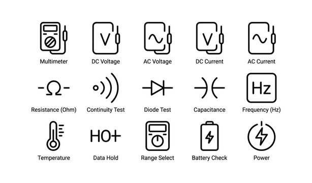 Set of technical icons representing electrical measurements and tests