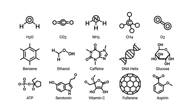 Collection of chemical compound structures: water, carbon dioxide, dna, glucose, caffeine