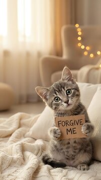 Adorable tabby kitten holding forgive me sign on cozy sofa with warm bokeh lights creating apologetic mood for pet behavior and relationship concepts.