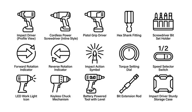 Comprehensive icon set of power tools and indicators for diy enthusiasts