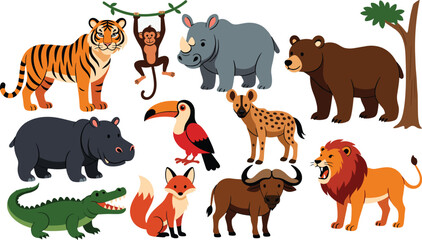 Cartoon wild animals collection set, tiger lion bear monkey rhino crocodile jungle wildlife vector illustration © Jakiatur