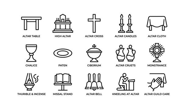Church altar objects icons: religious symbols and items in line art design