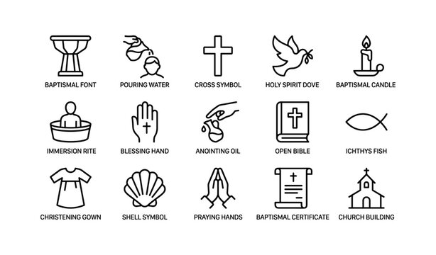 Icons of christian baptism rituals: font, anointing, and holy symbols