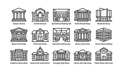 Obraz premium Collection of library architecture styles in line art: modern, classical, beaux-arts, and more