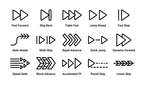 Collection of fast forward and skip icons for media playback control