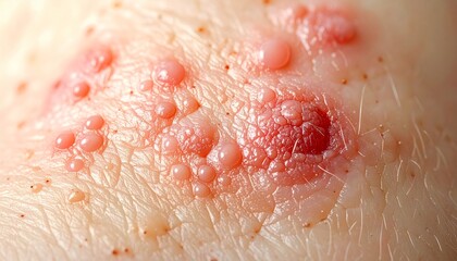 Fototapeta premium Close-up of a skin rash with blisters, possibly shingles or herpes, showing inflamed and irritated skin.