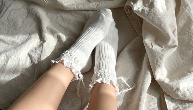 White Knit Ankle Socks with Lace Trim on Gray Fabric Background
