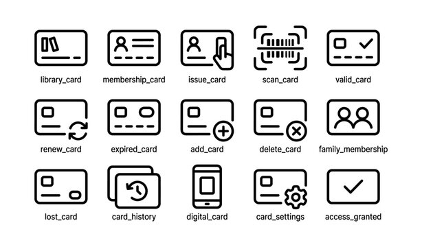 Set of digital card icons for library, membership, and access management