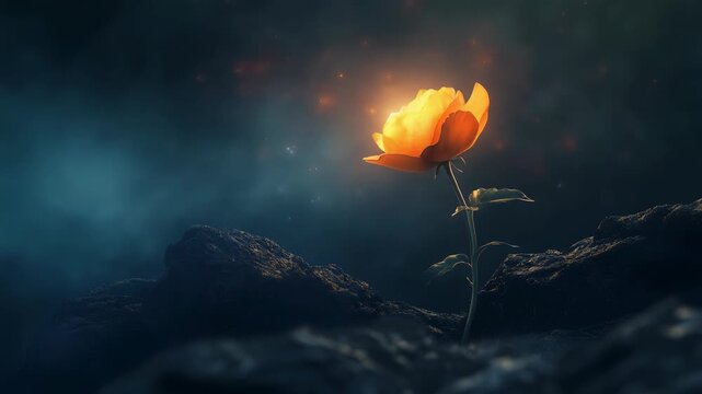 A luminous rose blooms from a rocky landscape, radiant in an ethereal, dark setting