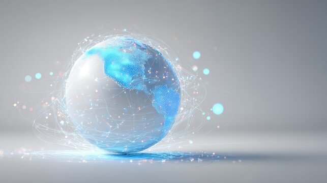 Global Connectivity Visualization: A radiant globe, enveloped by a web of interconnected lines and points, signifies global communication. The light gives it a dynamic aura.