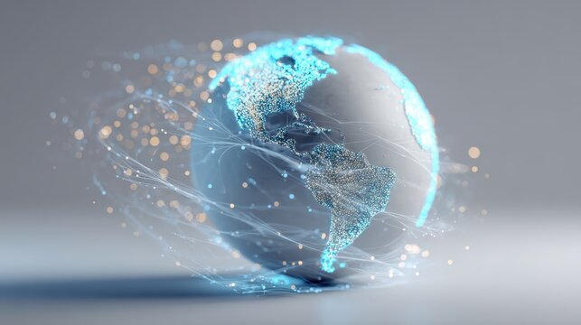 Global Connectivity: A luminous globe of Earth, swathed in glowing digital networks, symbolizing the interconnectedness of the modern world.