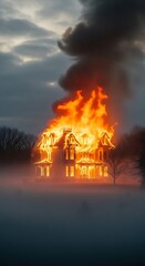 Fototapeta premium Historic residence structure engulfed in intense flames under a dark, ominous sky