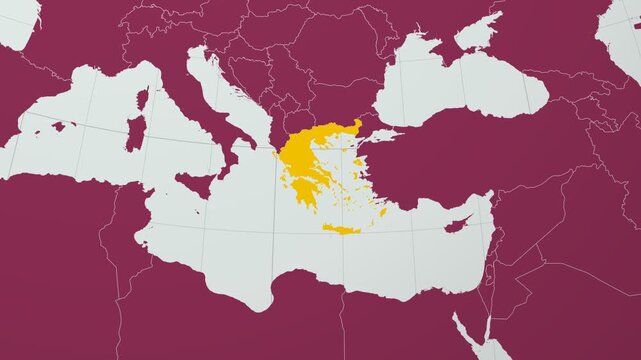 Greece map. Animated zoom into the country on the Globe in Pale Mint Dark Pink color palette. Country logo animation with round text and airplanes. Map with meridians, parallels. Vibrant video.