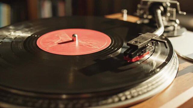 A record player spinning a black vinyl record with a red label on a wooden turntable in a cozy room
