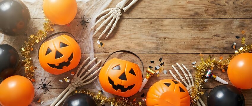 Halloween party decorations with orange pumpkin buckets, black balloons, skeleton hands and spiders on rustic wooden background for autumn celebration.