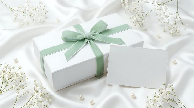 White gift box with sage green ribbon surrounded by delicate baby's breath flowers on soft fabric background for special occasions and celebrations.