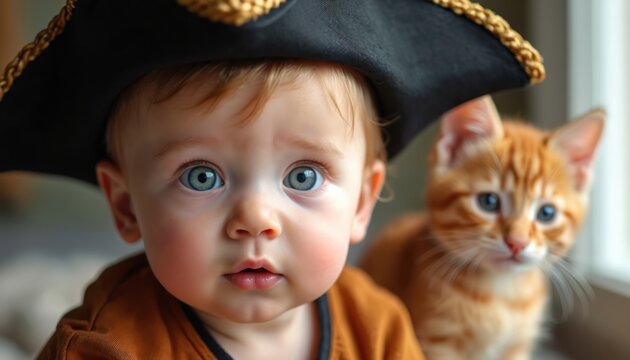 Baby boy wears pirate hat looking curious near ginger kitten. Cute child and small cat friends sit together indoors. Toddler plays dress up at home.